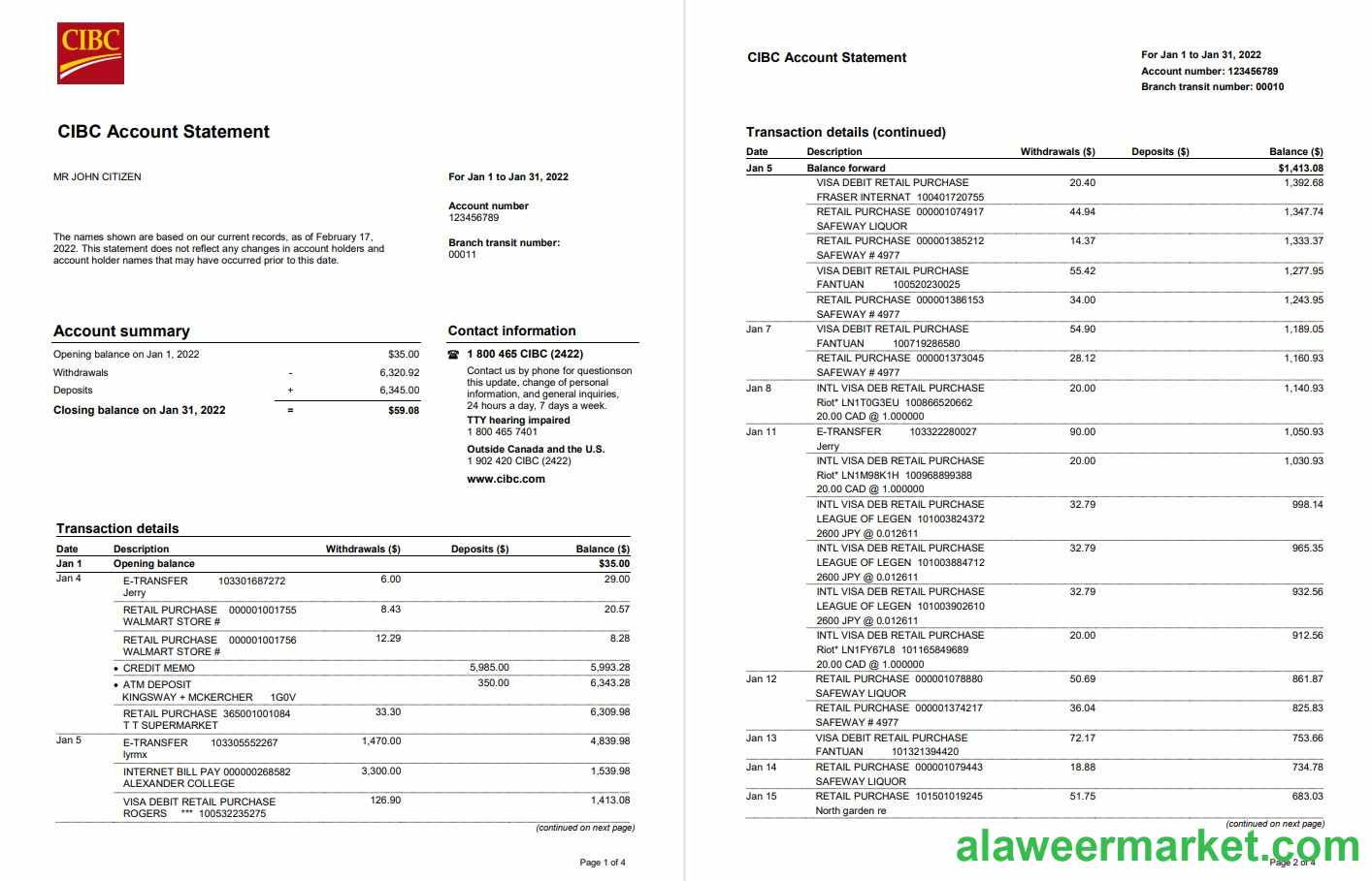 USA CIBC bank statement, Word and PDF template, 4 pages